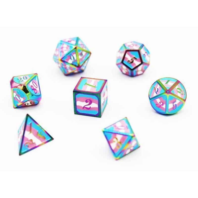 Dice for All 7pc Metal RPG Dice Set – Transgender Pride Flag with Rainbow Metal