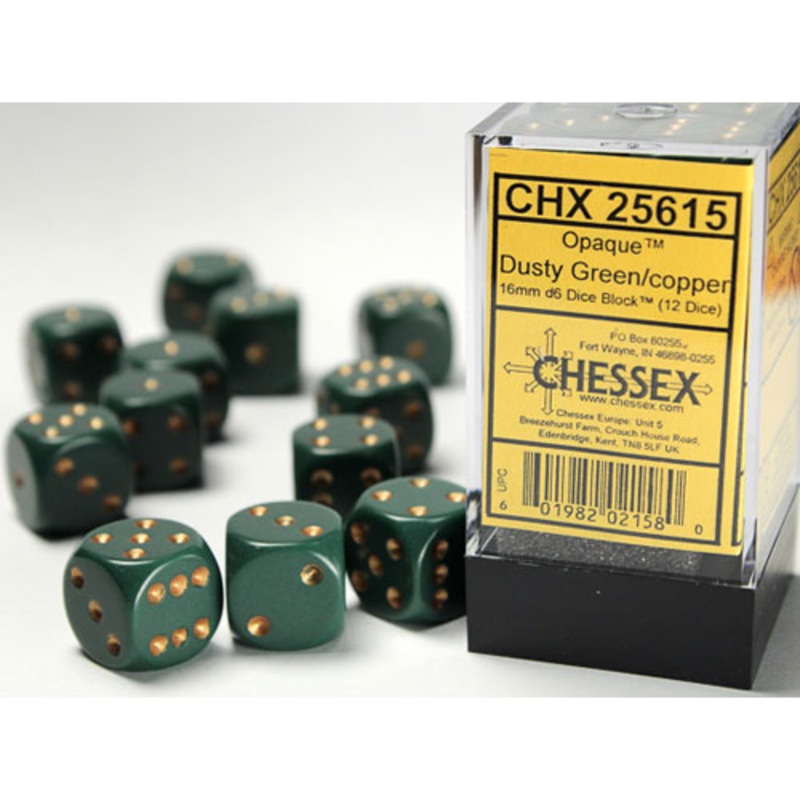 Chessex 16mm d6 Set: Opaque – Dusty Green w/Copper (12)