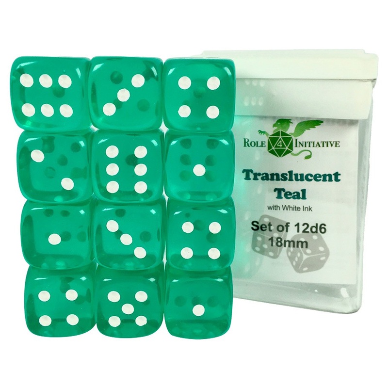 18mm d6 Cube: Translucent – Teal w/ White Pips (12) (Last Chance)