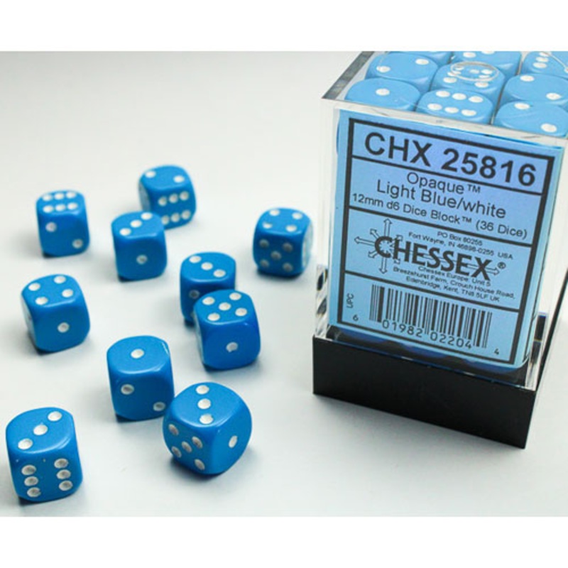 Chessex 12mm d6 Set: Opaque – Light Blue w/White (36)