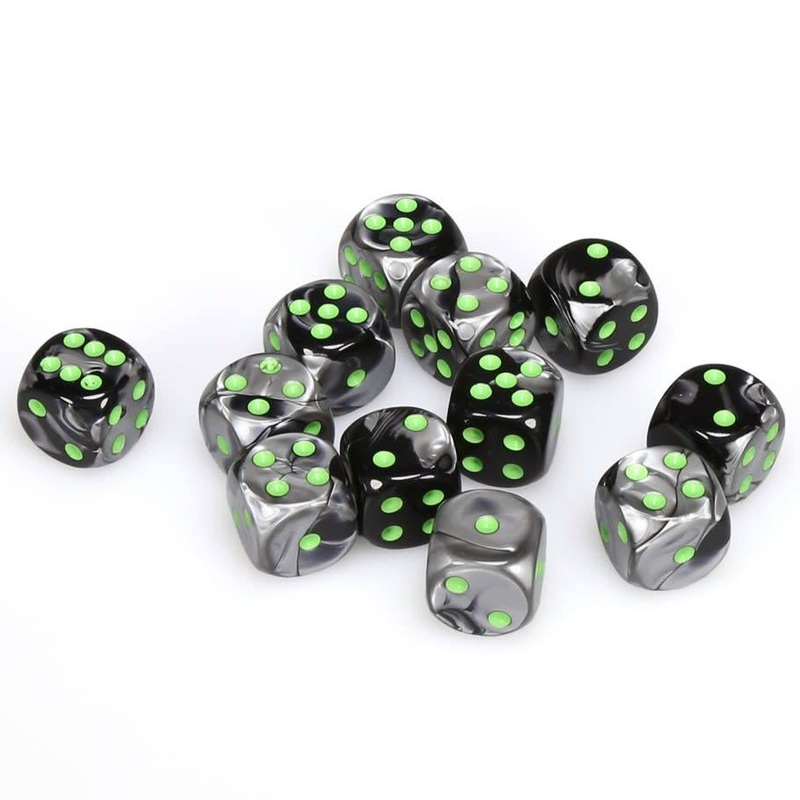 Chessex 16mm Gemini Black-Grey/Green 12ct D6 Set (26645) 16mm GE Black Grey/Green