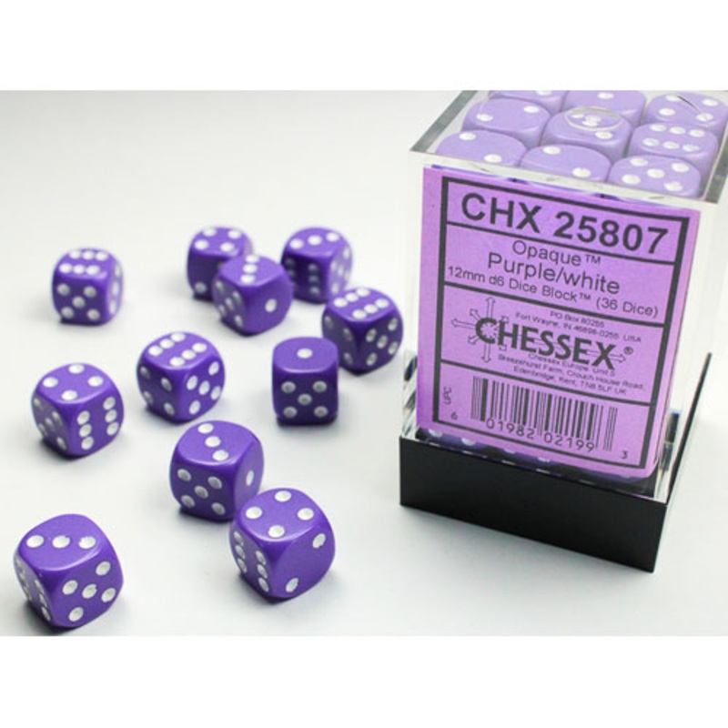 Chessex 12mm d6 Set: Opaque – Purple w/White (36)