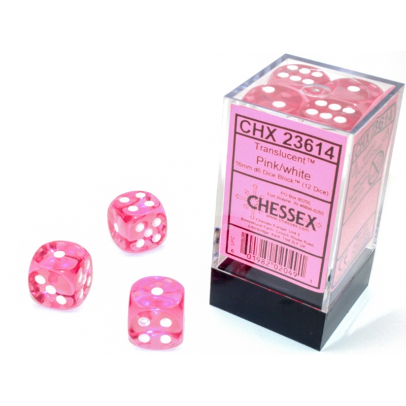 Translucent 16mm D6 Pink/White (12)