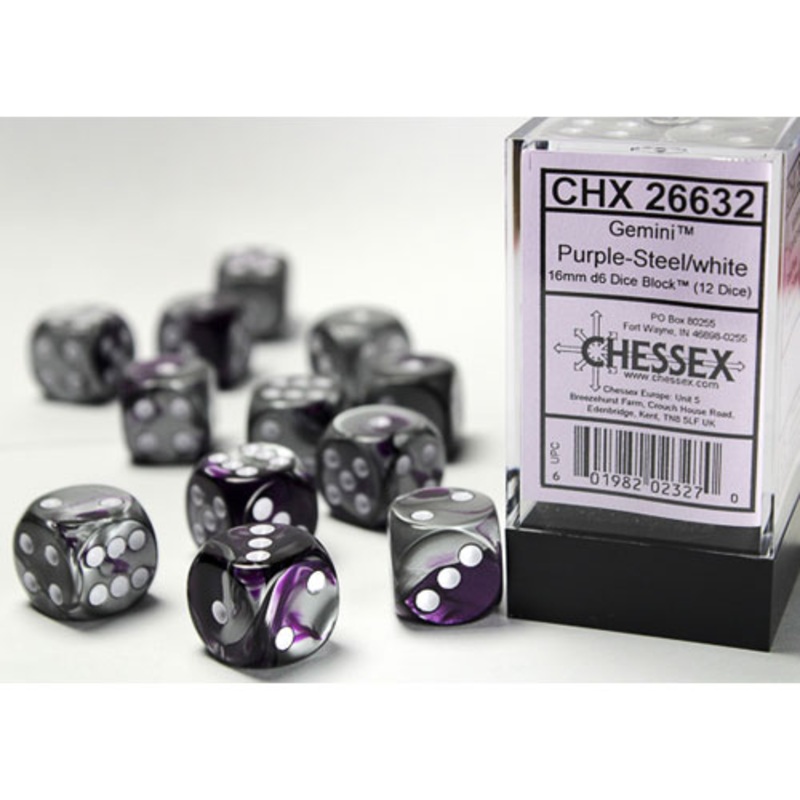 Chessex 16mm d6 Set: Gemini – Purple-Steel w/White (12)
