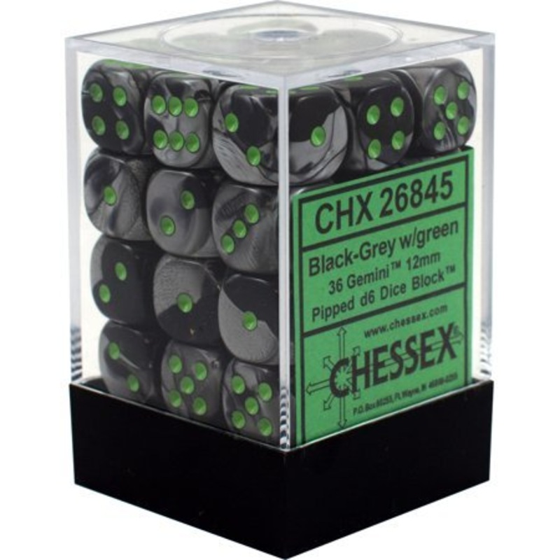 Chessex 12mm Gemini Black-Grey/Green 36ct D6 Set (26845) 12mm GE Black Grey/Green