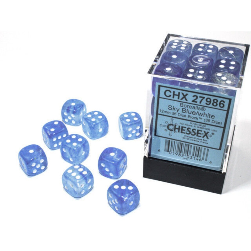 Borealis 12mm Sky Blue/White d6 Dice Set (36) – Perfect for Gaming and Collecting