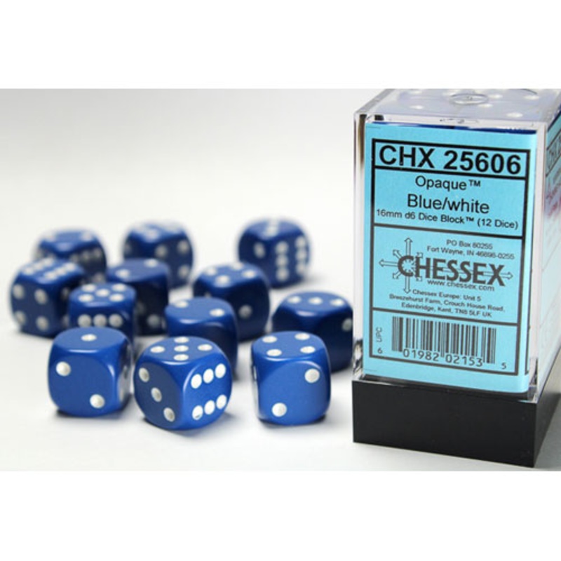 Chessex 16mm d6 Set: Opaque – Blue w/White (12)