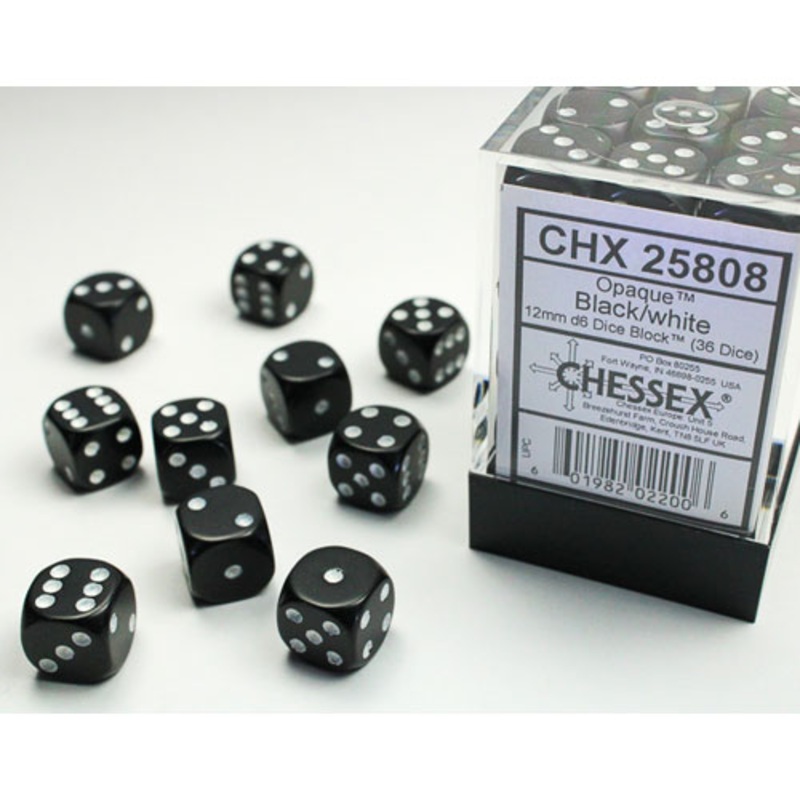 Chessex 12mm d6 Set: Opaque – Black w/White (36)