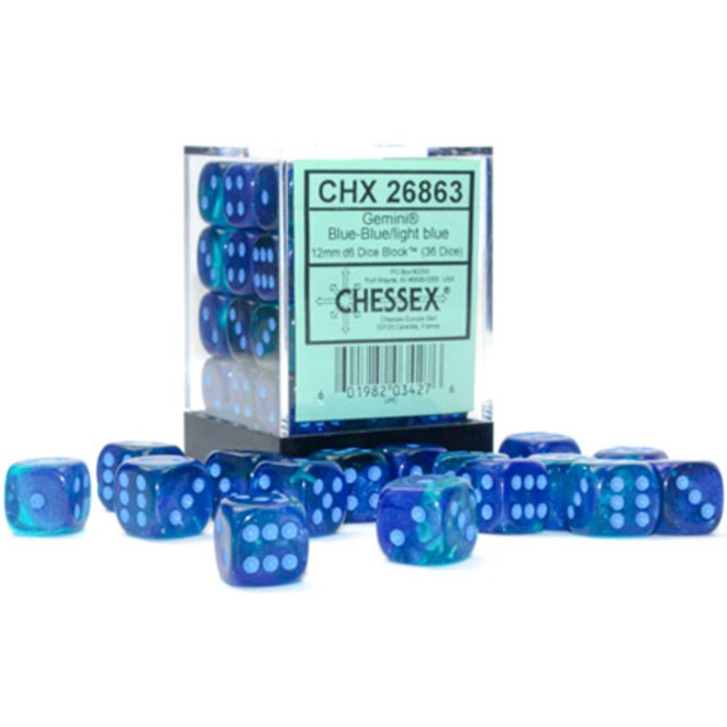 Chessex 12mm d6 Set: Gemini Luminary – Blue-Blue w/Light Blue (36)