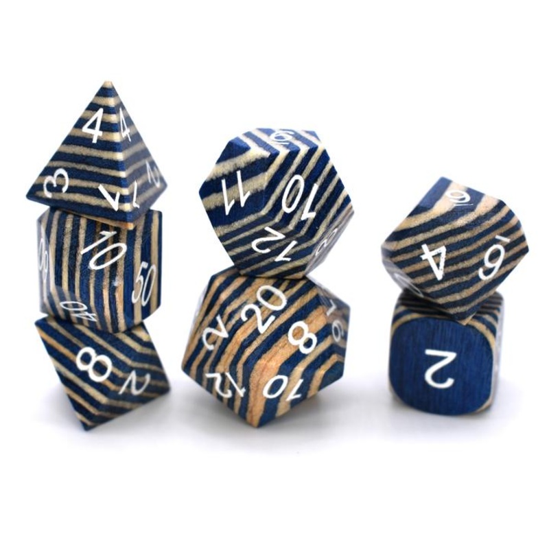 Wooden Yellow and Blue Technical 7ct Polyhedral Dice Set