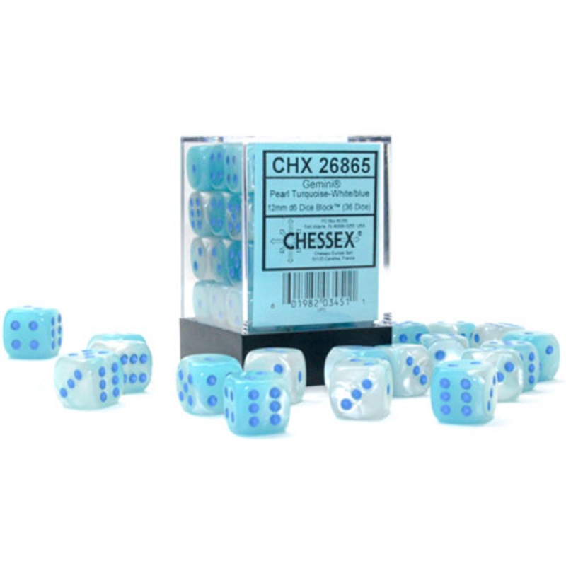 Chessex 12mm d6 Set: Gemini Luminary – Pearl Turquoise-White w/Blue (36)