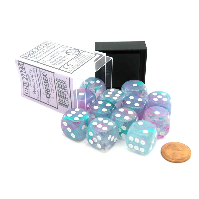 Chessex 16mm Nebula Wisteria/White Luminary 12ct D6 Set (27745) 16mm NB Wisteria/White