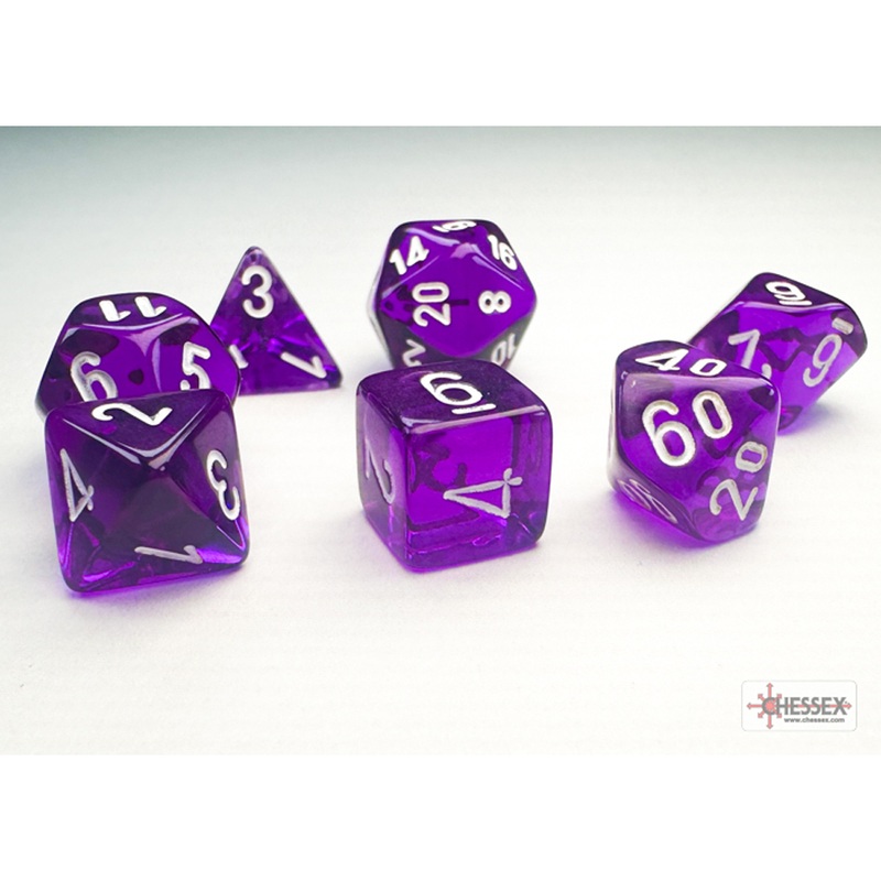10mm Polyhedral Dice: Translucent – Purple w/ White (7)