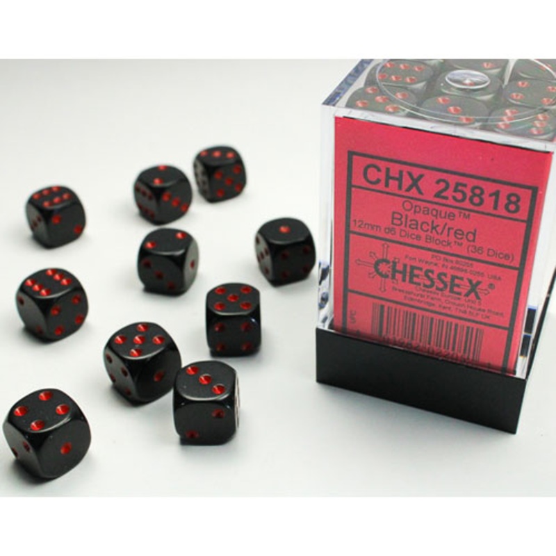 Chessex 12mm d6 Set: Opaque – Black w/Red (36)