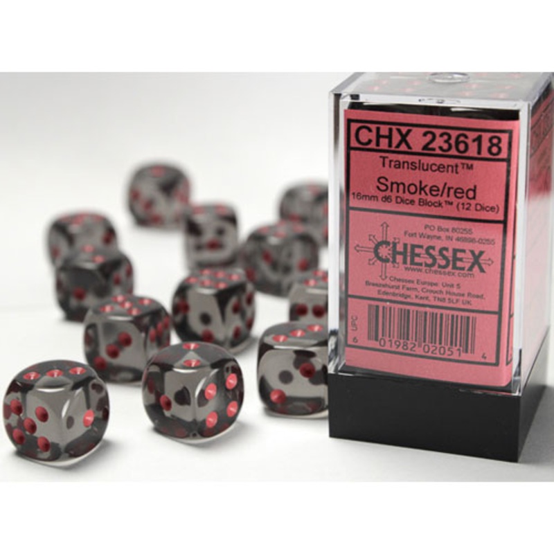 Chessex 16mm d6 Set: Translucent – Smoke w/Red (12)